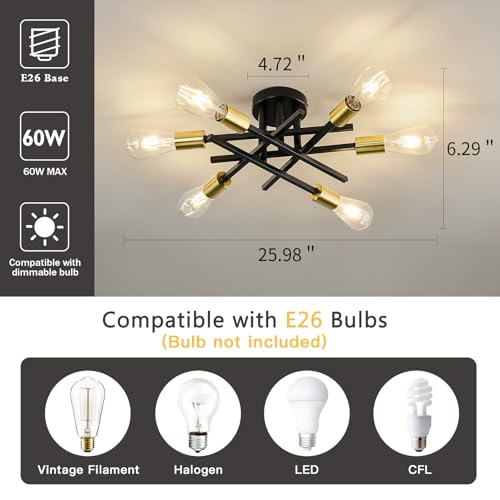 Image of ASGYISA 6-Lights Sputnik Semi Flush Mount Ceiling Light Fixture Modern Metal Black and Gold Chandeliers with E26 Bulb Base Close to Ceiling Light for Kitchen Dining Room Living Room Hallway Bedroom