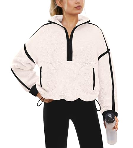 Yanekop Womens Quarter Zip Pullover Sherpa Fleece Jacket Oversized Zip Up Sweatshirt Half Zip Pullover Fuzzy Outerwear(Black White,L)