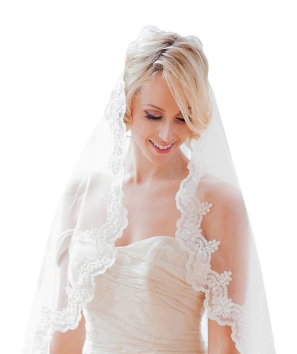 Brittany Illusion Tulle and Alecon Lace Veil (Fingertip (60"), White)