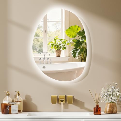 HOMCOM Miroir Salle de Bain avec éclairage LED 70 x 50 cm, Miroir Lumineux Mural asymétrique, Anti-buée, 3 Couleurs lumière, dimmable, mémoire, Interrupteur Tactile, Verre trempé, IP44, argenté