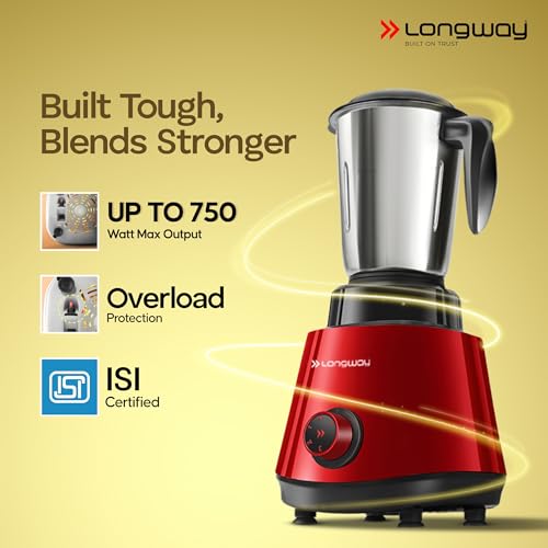 Image of Longway Super Pro Juicer Mixer Grinder | Up to 750W Max Output Powerful Motor | 4 Jars for Grinding, Mixing, Juicing | 2 Years Warranty (Red & Wine)