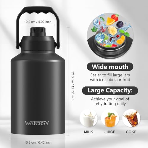 WATERSY Botella de Agua Aislada de 1 Galón (48 Horas Frío), Acero Inoxidable 128oz con Asa, Tapa con Pico, Color Negro miniatura 5