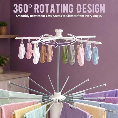 Image of JD FRESH Octopus Foldable Clothes Drying Stand with Wheels /2 Layer Heavy Duty Cloth Hanging Stand with 20 Clips & 360 Rotating Top Arms /Space Saving Laundry Drying Rack for Balcony, Indoor & Outdoor