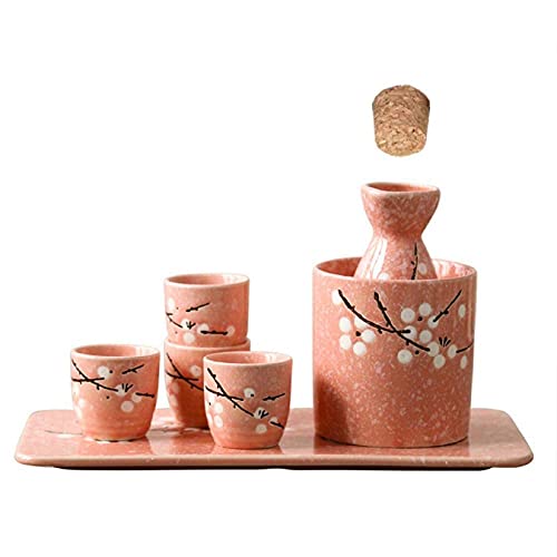 Sake Pot Set Traditional Sake Cup Hand Painted Design Porcelain Pottery Ceramic Crafts Wine Glasses Sake Cups 7 Piece (Pink+White Plum Q)