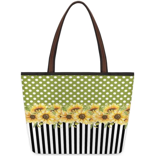 Sunflower Dot Stripe Tote Bag Multi Pocket Zippered Beach Bag Lightweight Waterproof Handbag for Women Men Work Gym Travel Swimming Yoga Grocery Shopping M