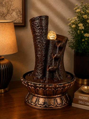 Image of Indoor Water Fountain for Home Decor with Crystal Ball & Yellow LED Light | Cascading Tabletop Waterfall Fountain with Water Controller Pump | Brown & Copper Polyresin Decorative Fountain 16.5 x 10 In
