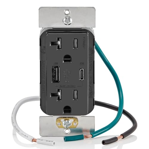 Image of Leviton T5834-E 60W (20V@2.5A+ 5V@2A) USB Dual Type A /Type-C Power Delivery in-Wall Charger with 20A Tamper-Resistant Outlet, USB Charger for Smartphones, Tablets, Laptops, Black