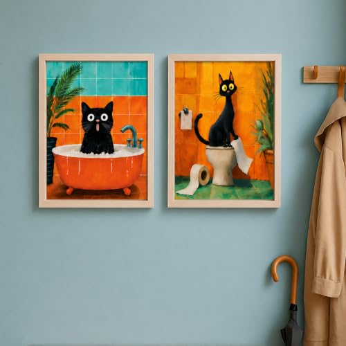 Image of PAINTINGMANTRA Quirky Black Cat Bathroom Wall Art Painting For Living Room, Whimsical Bathtub Framed Painting, Cute Aesthetic Cat Framed Wall Art for Bathroom, Restroom & Washroom Decor, 9x13 Inch