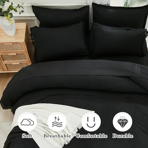 Image of Andency Black King Size Comforter Set with Sheets - 7 Pieces Boho Tassel Bed in a Bag Soft Lightweight Bedding Sets, Black Fringe Bed Set with Comforter, Sheets, Pillowcases & Shams