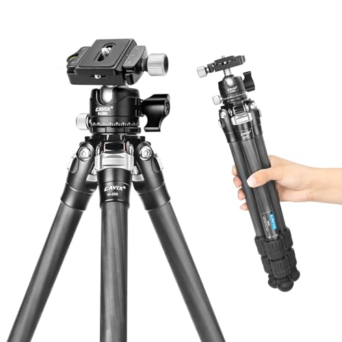 CAVIX Trípode ligero y compacto de fibra de carbono de 28 pulgadas con cabeza esférica de 360° para cámaras sin espejo