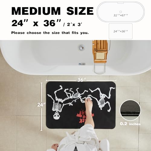 Halloween Bath Mat, Thin Halloween Bathroom Rug Non Slip Quick Dry Skeleton Bath Mat Fits Under Door Thin Floor Mat Halloween Decor, 24''x36'', Skull Treat or Trick Black