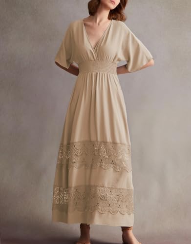 Image of Olaesa Boho Maxi Dress V Neck Short Sleeve Lace Smocked Waist Flowy Dress | Wedding Guest Dress with Pockets, Summer Bohemian Vacation Dress, Elegant Party Dress for Family photo& Baby Shower