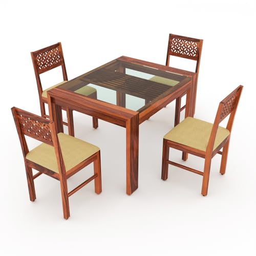 Image of Solid Sheesham Wood Dining Glass Top Table Set of 4| Wooden 4 Seater Dining Table with 4 Chairs with Cushion|Wood Dining Table & Chairs for Home, Restaurant, Dining Room |Honey Finish
