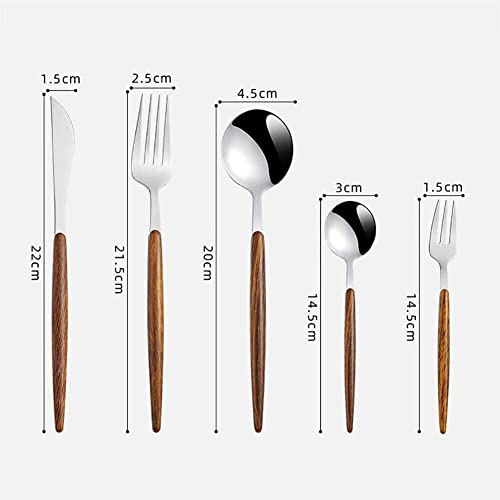 Image of Gold Flatware Matte Wooden Handle Stainless Steel Tableware Sets for 3 Including Forks Spoons Knives, Camping Silverware Travel Utensils Set Cutlery(Silver, Set of 15)