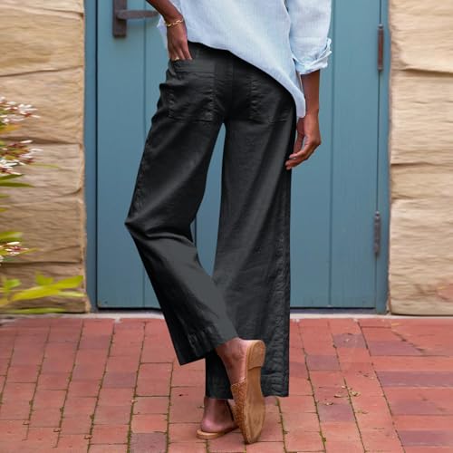 Twill Wide Leg Pants for Women Comfy Elastic Waist Dress Pants Business Casual Palazzo Pants with Pockets Chino Pants3