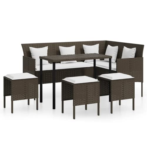 Image of DEVOKO 6-Piece Outdoor Patio Furniture Set All-Weather Wicker Sectional Sofa, Dining Table, Ottomans(Dark Brown Rattan & White Cushions)
