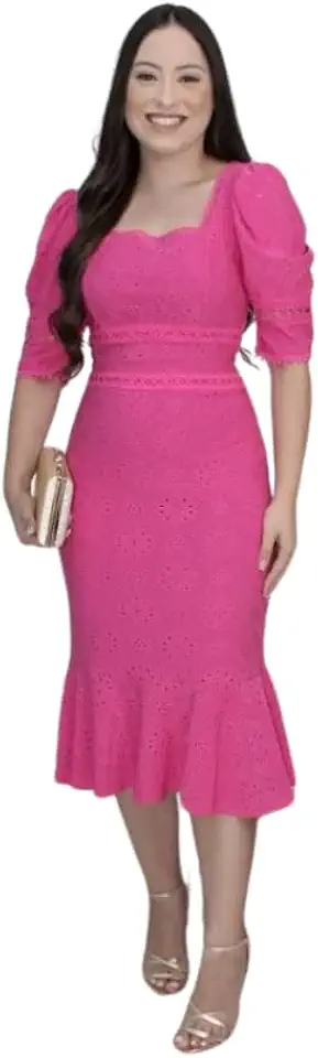 Vestido Feminino Midi Tubinho com Babado Social Mangas Curta Decote Quadrado Forrado Moda Evangélica