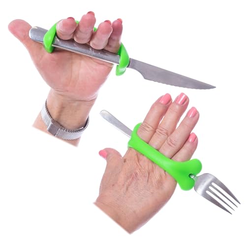 AIDBONES Brazalete para Movilidad Limitada de Manos, Ayuda en la Vida Diaria, Adaptador Cubiertos Autoalimentación, Tendinitis, Camptodactilia, ELA, Parálisis Cerebral (Pack de 2, Verde 13 cm)