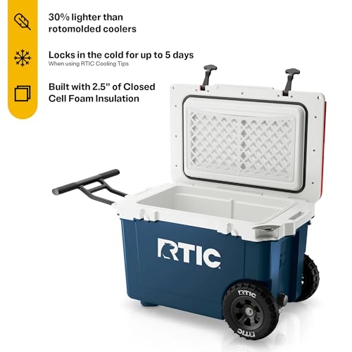 Image of RTIC 52 Quart Ultra-Light Wheeled Hard Cooler Insulated Portable Ice Chest Box for Beach, Drink, Beverage, Camping, Picnic, Fishing, Boat, Barbecue, 30% Lighter Than Rotomolded Coolers