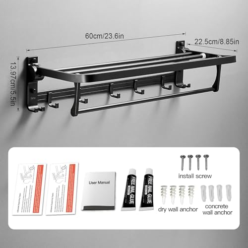 Image of Towel Holder in Bathroom Towel Hanger for Wall Bathroom Towel Rack with Towel Bar and Hooks 60cm Foldable Towel Rod Wall Mounted Lavatory Towel Stand Black Finish