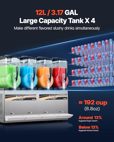 Image of VEVOR Slushie Machine, 12L /3.17Gal x 4 Tank Commercial Slushy Maker, Frozen Drink Maker with Self-Cleaning, Margarita Machine for Restaurants Bars Party for Slushie, Margaritas, Milkshake & More