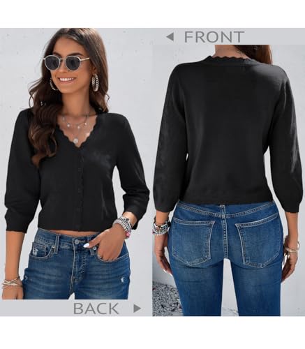 Image of Women Crop Cardigan Sweaters Lightweight 3 /4 Sleeve Button Up Crochet Shrug | Textured Bolero For Dresses Dressy Casual, V Neck, Ladies Eyelet Shawl Thin Trendy
