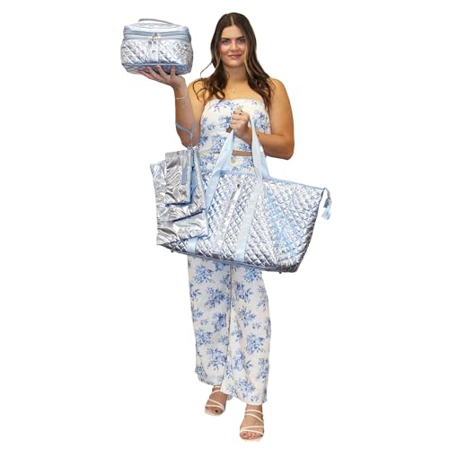 Large Diamond Weekender Bag Nylon Quilted Metallic Duffel for Travel, Gym, Sports, and Overnight Stays Stylish & Spacious, Ice Blue2