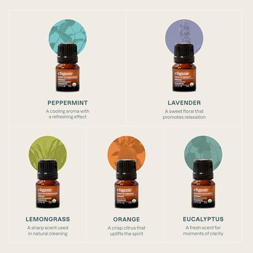 Cliganic Organic Essential Oils Set (Top 5 - The Classics) - 100% Pure Natural - Aromatherapy, Candle Making - Peppermint, Lavender, Eucalyptus, Lemongrass & Orange