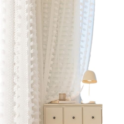 Voilage de qualité supérieure en polyester blanc à oeillets et finitions pompons - 5
