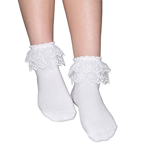 Women's Solid Color Lace Ruffle Frilly Socks, Comfortable Cotton Ankle Lace Socks, Princess Socks, B013 (White-1 Pairs)