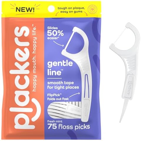 Plackers Gentle Line Floss Picks, Fresh Mint Flavor, Fold-Out FlipPick, QuickFix Grip, Easy Storage with Sure-Zip Seal, 75 Count Cover