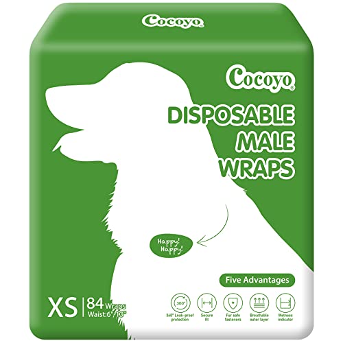 Image of COCOYO Disposable Male Dog Wraps, Extra Small Size, 84 Count, Super Absorbent, Breathable, Wetness Indicator Green
