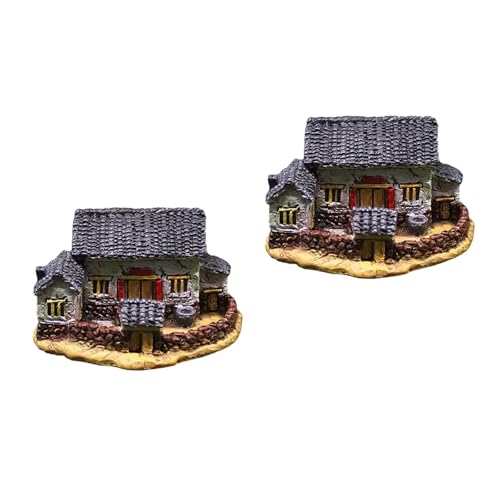 LOGOFUN 2PCS Miniature Resin Houses Vintage Style Tiny Cottage Model