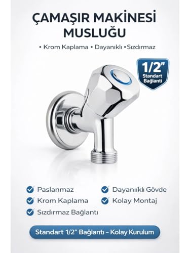 Krom Kaplama Çamaşır ve Bulaşık Makinesi Musluğu; Pirinç, 1/2'' Standart Bağlantı, Paslanmaz, Sızdırmaz