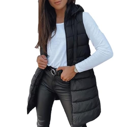Hassignment Women Long Puffer Vest, Solid Color Sleeveless Hooded Winter Wear