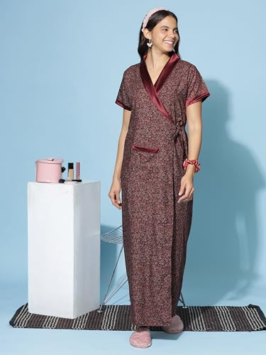 Image of 9shines Label Stylish Cotton Nighty Robe for Women | Front Open Floral Housecoat | Wrap Nighty with Pocket | Adjustable Waist Tie | Plus Size housecoat (HC-2026)