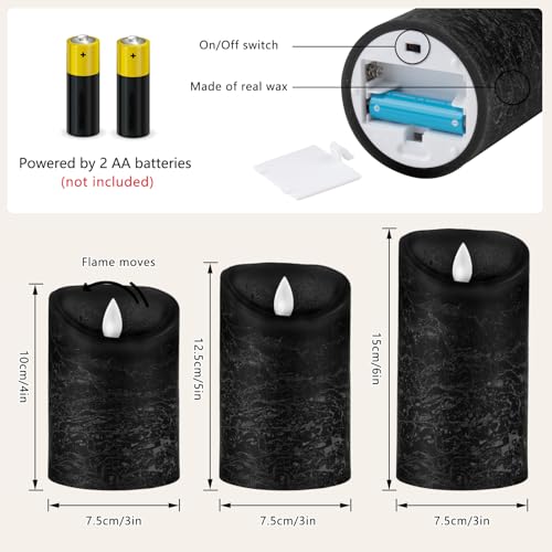 Velas de LED sin pilares de cera real negra con mando a distancia pack de 3 2