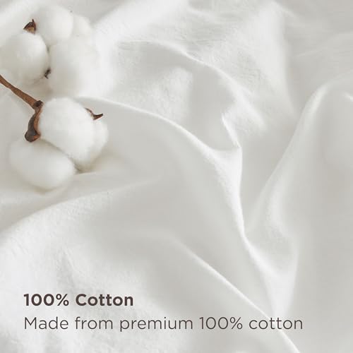 Image of Bedsure PureWoven 100% Stone-Washed Cotton Duvet Cover Set, White, 3-PC | Linen Like Texture, Percale Breathable Bedding Set for All Seasons, Zipper Closure, Stone-washed White, 90 inch x 90 inch