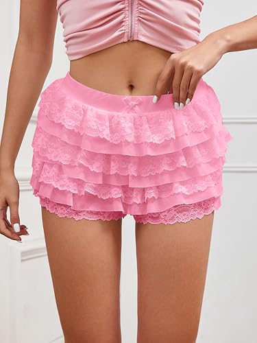 Image of Women Y2K Lace Multi-Layered Bloomers Lolita Ruffle Shorts Cute Mini Skirt | Tiered layers, elastic waist, pumpkin pants, for rave party /country concert /festival
