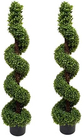 GreenBrokers 2 x Artificial Premium Quality Topiary Boxwood Spiral Trees in Black Pot for Indoor Outdoor Decor, UV Stable (4ft/120cm) …