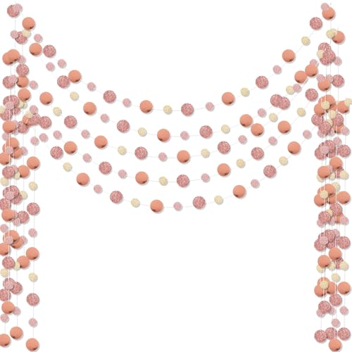 Outus Rose Gold 5 Pieces Round Dots Garland Graduation Party Hanging Decor Each Length 13.1ft Glitter Paper Dot Streamers for Birthday Wedding Classroom Supplies (Champagne)