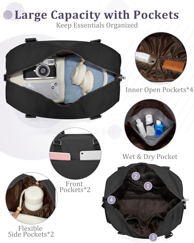 Image of Gym Bag for Women,Travel Duffle Bag for Travel with Wet Pocket Weekender Overnight Carry On Tote Bag Luggage Bag with Trolley Sleeve Personal Item Travel Bag Hospital Diaper Bag Black