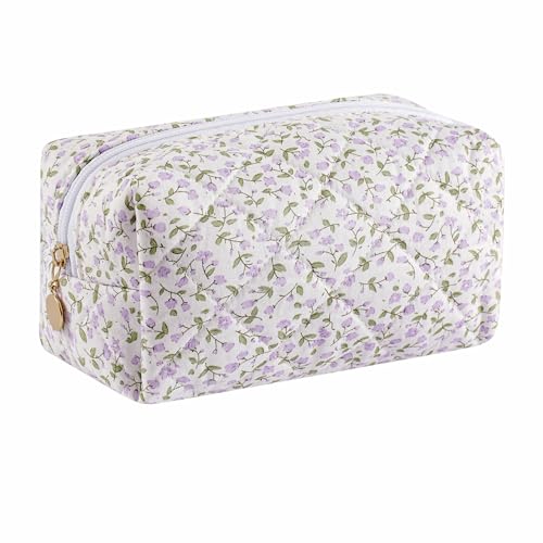 Cute Floral Cotton Makeup Bag for Women, Travel Cosmetic Bag Quilted Zipper Make Up Pouch, Pink Purple Floral Flowers Toiletry Organizer Kawaii Makeup Cosmetic Travel Cloth Bag (Purple)