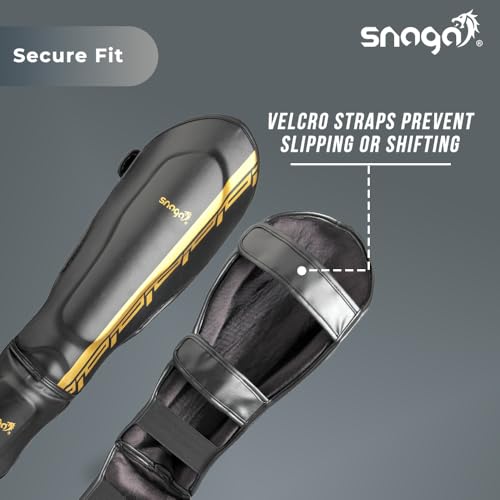 Image of Snaga MMA Shin Guard, Leather Shin Guard Pads with High-Density Foam Padding for MMA, Karate, Taekwondo, Kick Boxing & Other Martial Arts (Black-Golden)