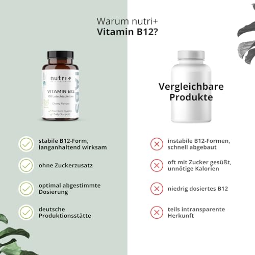 Nutri + Vitamin B12 Lutschtabletten 500µg (mcg) vegan & hochdosiert - aktives Methylcobalamin - 100 vegane Tabletten zum Lutschen - Geschmack Kirsche