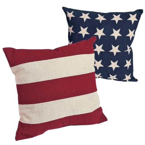 Fun Express Patriotic Stars and Stripes Outdoor Pillow Set of 2 - Premium 14x14 Cotton Throw Pillows 4th of July Decorations, Memorial Day Decor & Veterans Day | Red White Blue American Flag Design