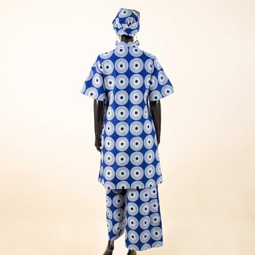 African Coat for Women 2 Piece Suit Set Traditional Ankara Print Jacket and Pants with Headwrap and Earrings4