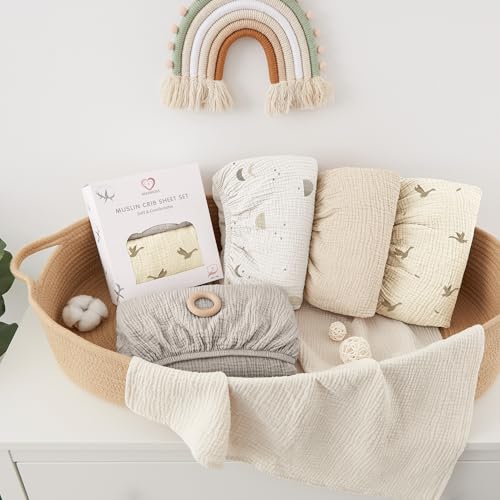 Image of Bearmoss Muslin Crib Sheets - 100% Cotton Baby Crib Sheets Fitted for Standard Crib Mattress & Toddler Bed Mattress 52 inchx28 inch Soft Breathable Crib Sheet Neutral for Boys Girls - 2 Pack (Grey Moon)