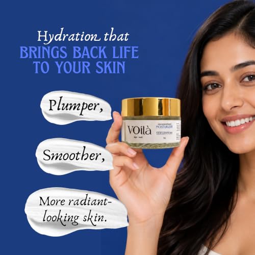 Image of Voila age-well Aqua Bomb Intensive Summer Moisturizer for Women for anti-ageing | 24-Hour Hydration with Hyaluronic acid, natural retinol, bakuchiol, olive squalane & ectoin | Brightens and repairs dry and sensitive skin, reduces fine lines and boosts collagen | 50g