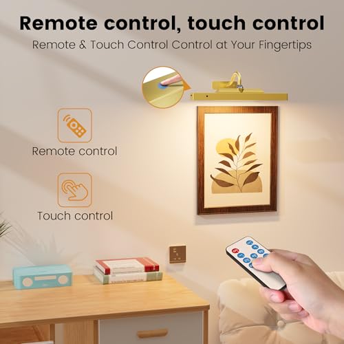 Image of Corless Picture Lights 2 Pack, 4400mAh Battery Operated Wirelesss Wall Lights Sconce, 12 inch Dimmable Remote Timer for Painting Artwork Living Room (Gold)